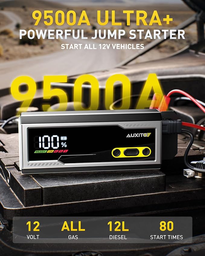 AUXITO 9500A Jump Starter, 12V Car Battery Jump Starter, Up to All Gas/All Diesel Engine with LED Display, 30W Type-C Fast Charging and 168W DC Output, 3-Mode Flashlight, Storage Case