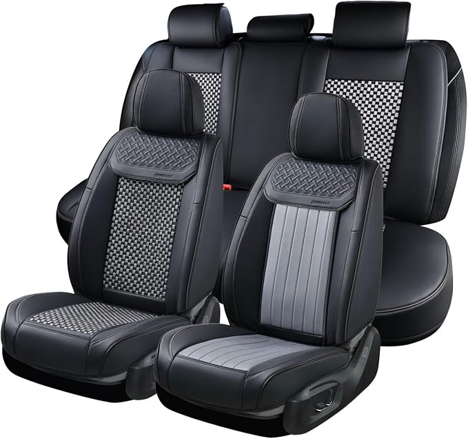 Coverado 2 in 1 Seat Covers for Car Full Set, Conversions Between Warm Suede and Cold Ice Silk for Car Seat Protector Car Accessories Universal Fit for Most Cars SUVs and Trucks（Black&Gray）