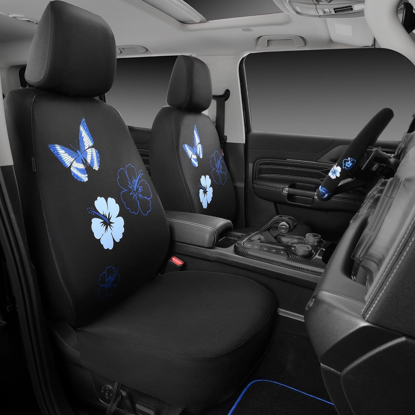 CAR PASS Blue Butterfly Car Seat Covers Full Set, Embroidered Flower Waterproof Car Floor Mats Carpet, Butterflies Steering Wheel Cover for Universal Car Accessories Interior Sets (Black and Blue)