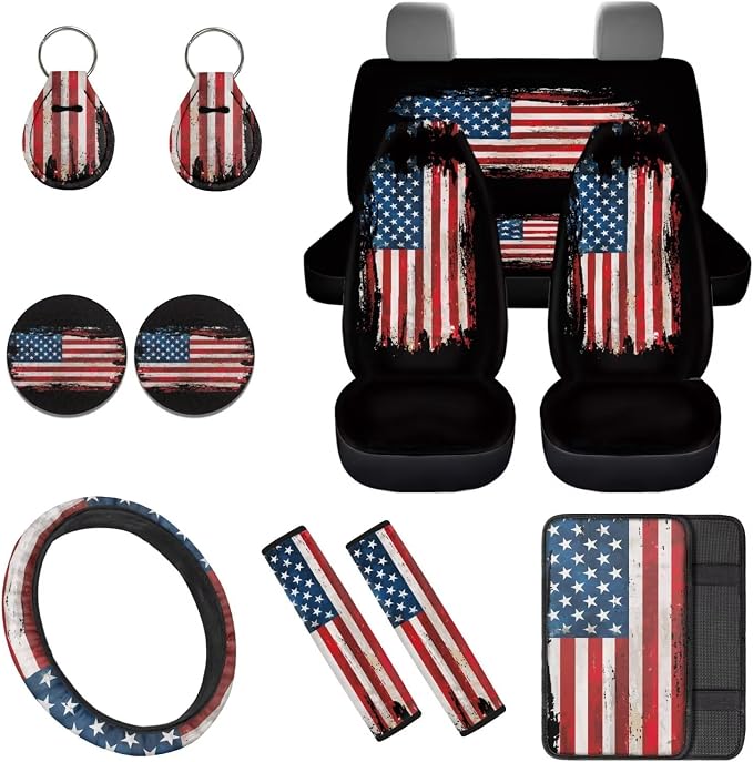 American Flag 12 Pcs Car Seat Cover Set with Auto Steering Wheel Cover Armrest Cushion Cup Coasters Protector Seat Belt Covers,Automotive Interior Sets Universal Fit Most Cars SUV