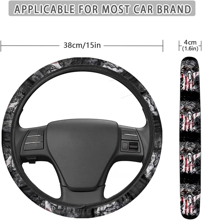 Wolf American Flag Pattern 13 Pieces Car Accessories, Auto Front and Back Seat Covers Full Set, Comfortable Steering Wheel Cover, Seat Belt Protector, Coasters for Car Auto
