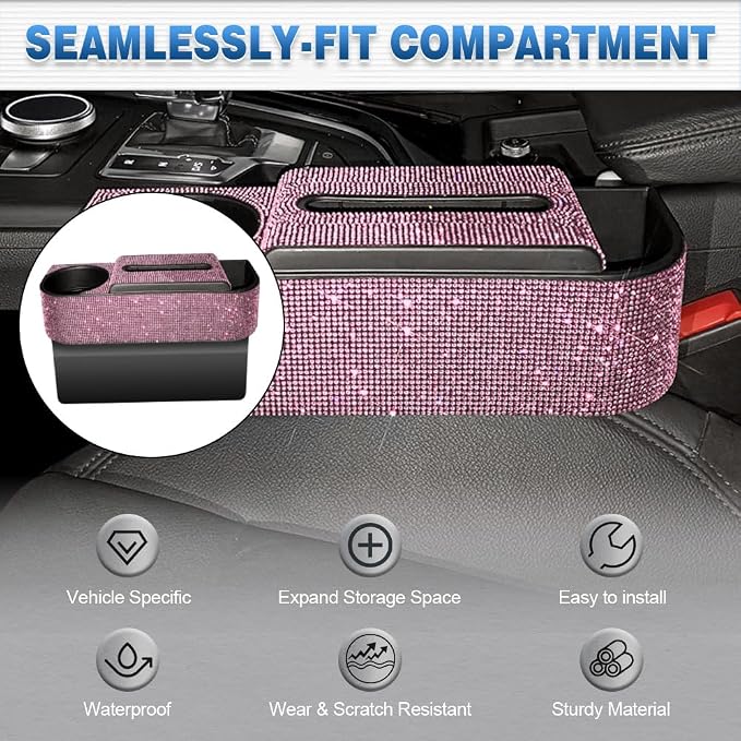Auto Gap Filler Multifunctional Car Seat Organizer, Multi-Function Tissue Storage Box w/Cup Holder, Auto Console Side Storage Box, Pink Rhinestone - Pink