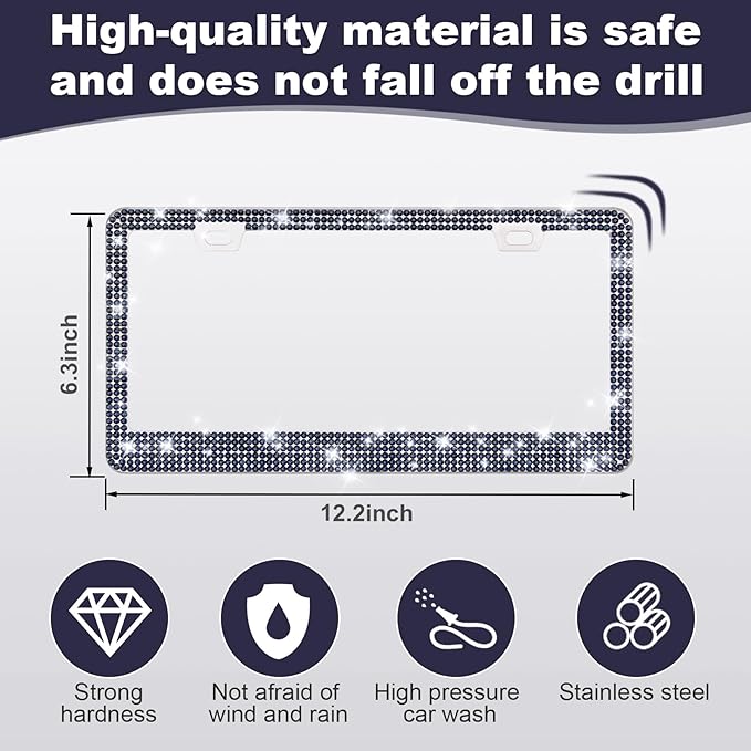 QUANQIUFEI 2 Pack Bling License Plate Frames for Women, Sparkly Rhinestone Diamond Car Accessories with Glitter Crystal Caps (Navy Blue)