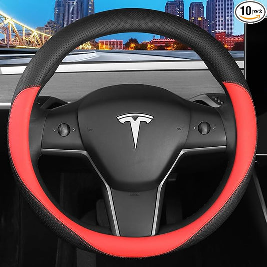 Leather Steering Wheel Cover Custom-Fit for Tesla Model 3/Y 2016-2026, Comfort Grip Design Breathable and Non-Slip, Model 3/Y Car Steering Wheel Protector, Tesla Accessories,Black(D-Style, for Tesla)