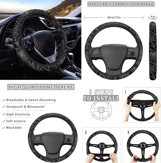 KEIAHUAN Black Spider Web Car Seat Covers for Women Men with Gear Shift Knob Cover&Handbrake Cover Steering Wheel Cover Headrest Cover Coasters Full Set of 11pcs Universal Fits for SUV Truck Sedan