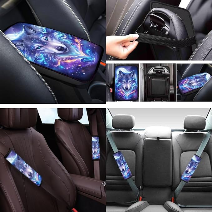 Wolf Car Seat Covers Full Set 12 Pack with Steering Wheel Cover Center Console Cover Keychain Holder and Car Seat Belt Cover Universal Fit Most Vehicles Cars SUV