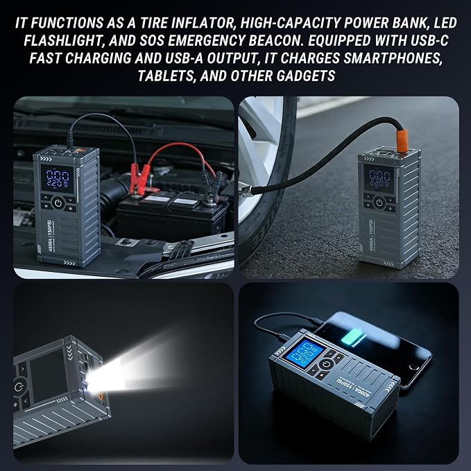 Car Battery Jump Starter with Air Compressor - 4500A 150PSI Battery Jumper Starter Portable with Tire Inflator, Car Battery Jump Starter with Jumper Cables, LCD Display, LED Light
