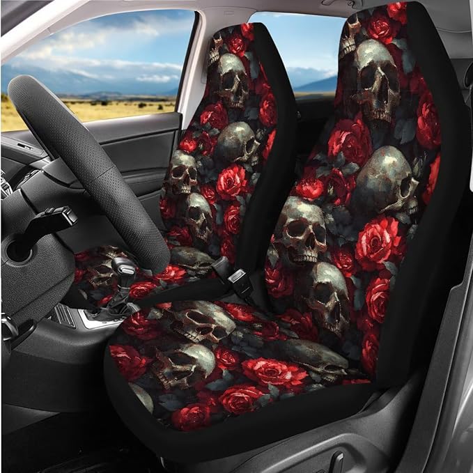 Red Rose Skulls Car Seat Covers Full Set, Car Steering Wheel Cover Protector, Auto Center Console Pad, Auto Seat Belt Pads, 8 Pcs Automotive Interior Accessories
