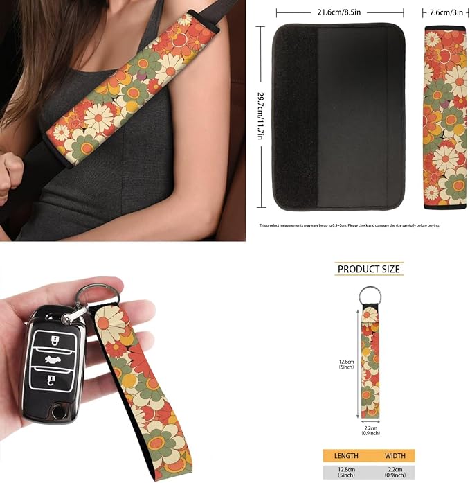 15 Pcs Abstract Groovy Flower Car Seat Cover Full Set for Women with Car Steering Wheel Cover Seat Belt Cover Trash Bin Front Rear View Mirror Car Cup Holder Keychain