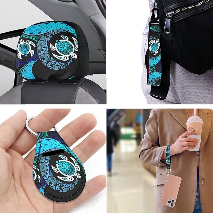 Hawaii Sea Turtle Print 13 PCS Car Seat Covers Full Set Tribal Turtle Arrow Swirl Zigzag Car Front Back Seat Cover Steering Wheel Cover Fit Auto SUV Trucks, Turquoise