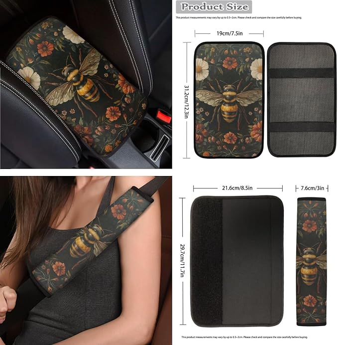 Floral Bee Seat Covers for Cars Full Set 15 Pcs Seat Covers Front and Back with Steering Wheel Cover Seatbelt Pad Coasters Trash Can Car Headrest Pillow Covers Armrest Pad