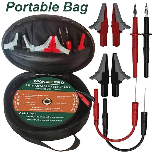 Retractable Test Leads 2 Wires 30FT 18AWG 10 in 1 Kit with Cable Bag and Multimeter Probe Alligator Clips Test Probe for Circuit Connection Electrical Testing and Troubleshooting
