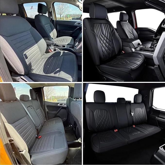 Ranger Seat Covers, for 2019-2023 Ford Ranger XLT XL Lariat Crew Cab, Napa Leather Seat Protector (Full Set, Black)