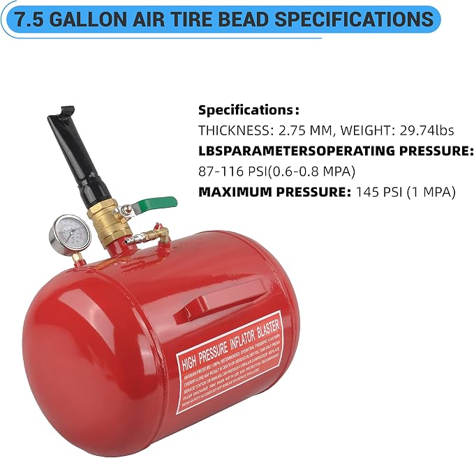 7.5 Gallon Air Tire Bead Seater 110 PSI Blaster Tool Seating Tire Inflator with Gauge by GESEXI - Car Truck ATV Tire Inflator Tank,Red