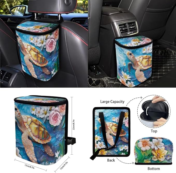 Turtle Floral Print Car Front Back Seat Covers Set of 15 Steering Wheel Covers Trash Cans Air Vent Storage Bag Seatbelt Strap Cover Rear View Mirror Covers Cup Coasters Keychain