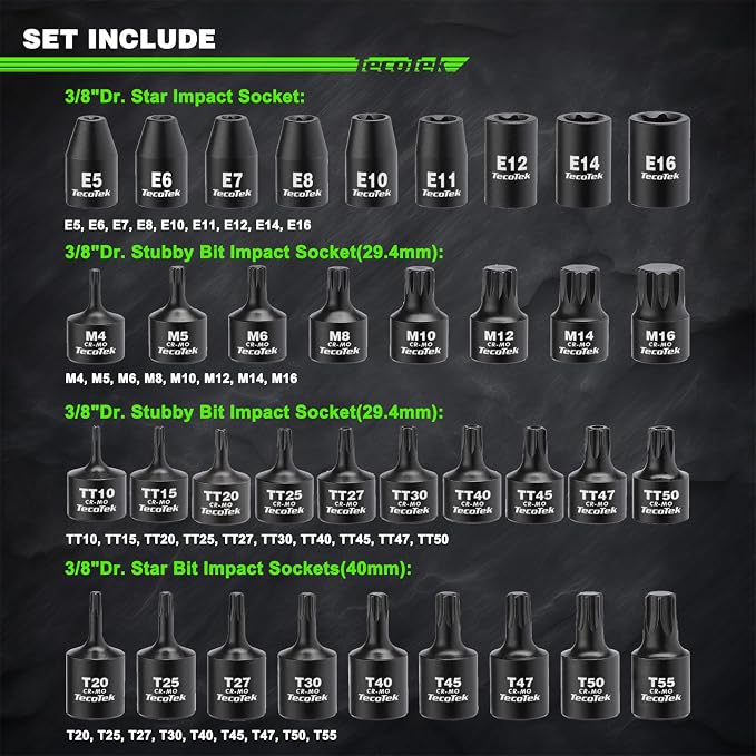 TecoTek 84-Piece 3/8-Inch Drive Master Hex Bit Impact Socket Set, Impact Allen Bit Socket Set, Star Bits, Stubby Bits, Tamperproof Star and Triple Square, Cr-Mo Steel, Heavy Duty Storage Case