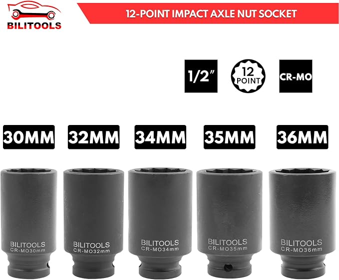 BILITOOLS 3/4 inch Drive Extension Set &1/2" Drive Deep Axle Nut Spindle Impact Socket Set | 12 Point | CR-MO | 14-17 - 19-30 - 32-34 - 35-36 mm