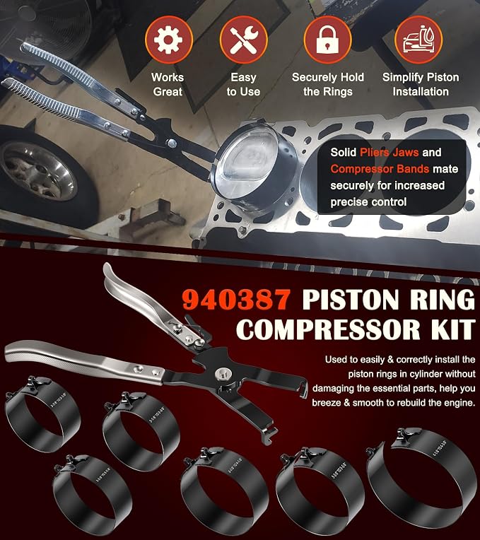 Bonbo 940387 Piston Ring Compressor Tool Set Perfect for Car Diesel Engines, Including Vehicle Maintenance Clamps, Ratchet Pliers, Storage Case