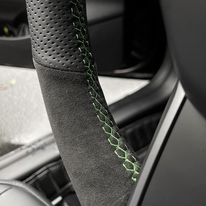 MEWANT Hand Stitch Athsuede Perforated Real Leather Steering Wheel Cover for Tesla Model 3 2017-2020 DIY Steering Wrap
