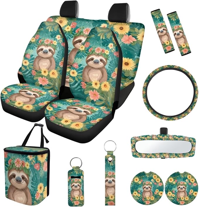 Suobstales Cute Sloth Print Car Accessories Car Seats Cover Protector, Flower Leaf Steering Wheel Covers, Seatbelt Cover, Car Trash Can, Cup Coasters, Rearview Mirror Cover, Keychains, Pack of 13