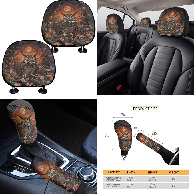 Moon Floral Owl Car Seat Covers Full Set 15 Pcs Car Accessories Including Steering Wheel Cover Seat Belt Pad Trash Can Car Headrest Pillow Covers Armrest Pad