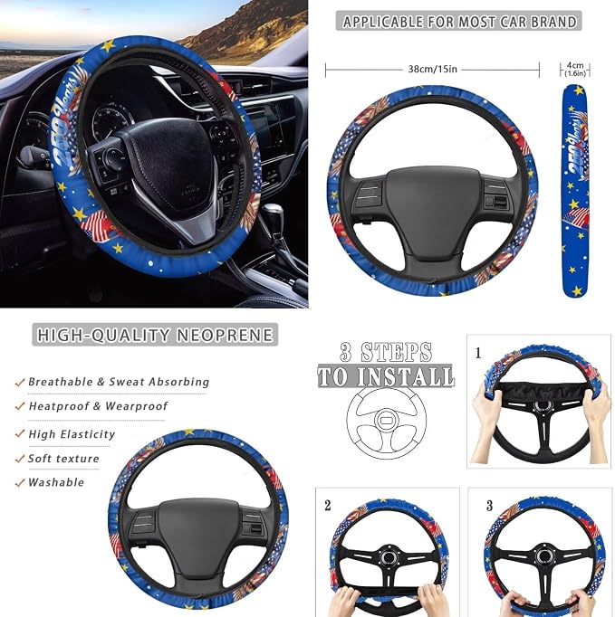 Wanyint Car Seat Cover Full Set 12 PCS, with Steering Wheel Seat Belt Strap Armrest Pad Handbrake Cover Gear Shift Cover Coasters Universal Fit for US 250th Anniversary, American Flag Hibiscus Eagle