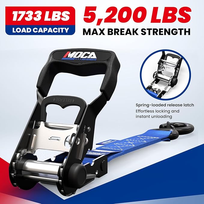 MOCA Blue Heavy Duty Ratchet Tie Down Straps - 5,200 Lbs Breaking Strength 1.6" x 8', Includes 4 Heavy Duty Ratchet Padded Handles & Coated Chromoly S Hooks & 4 Soft Loop Tie-Downs