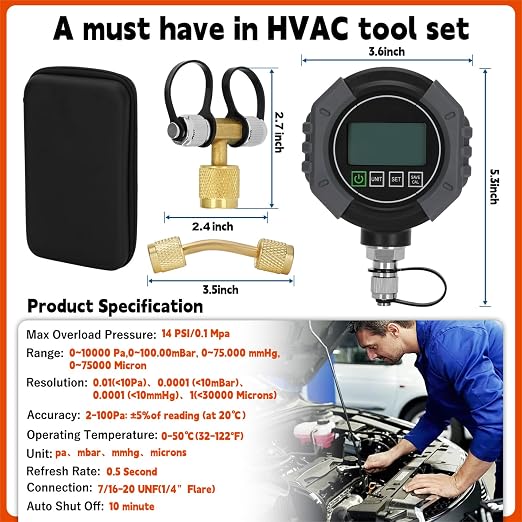 Pro Digital Vacuum Gauge, HVAC Pressure Tester with Alarm， HVAC Micron Gauge 0-75,000 Microns, 7/16-20 UNF, 1/4 inch SAE, Temp Compensation, LCD Backlit Display