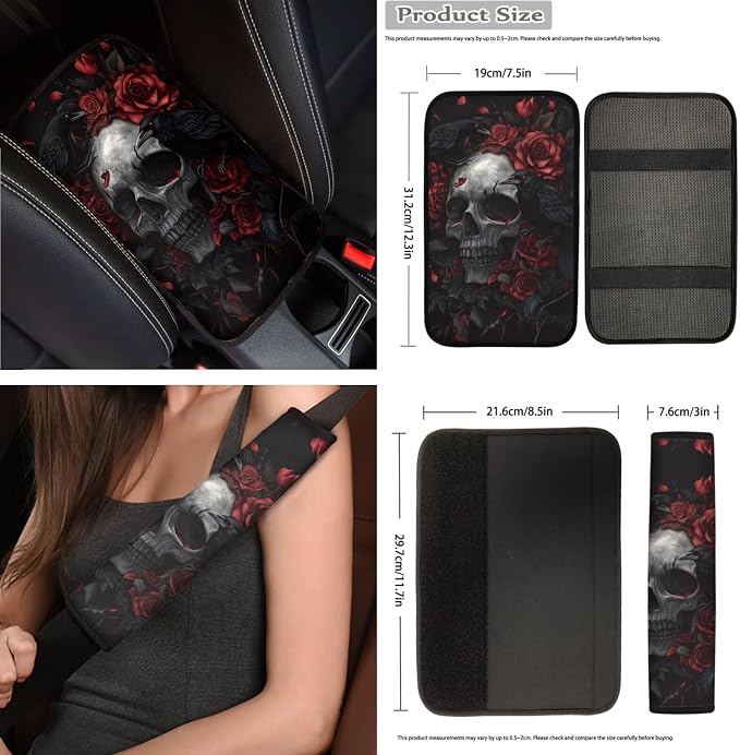 Black Red Skull Rose Car Seat Covers Full Set 15 Pcs Universal Car Accessories Steering Wheel Cover Seat Belt Pads Garbage Bag Car Headrest Pillow Covers Armrest Pad