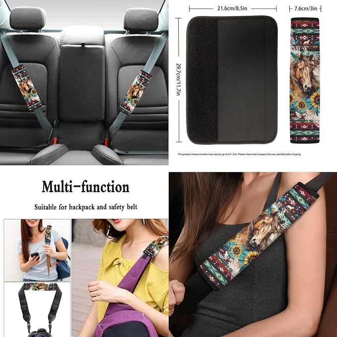 Southwestern Horse Car Seat Covers + Steering Wheel Cover, Keychain Armrest Pads, Universal Fit Automotive Interior Sets