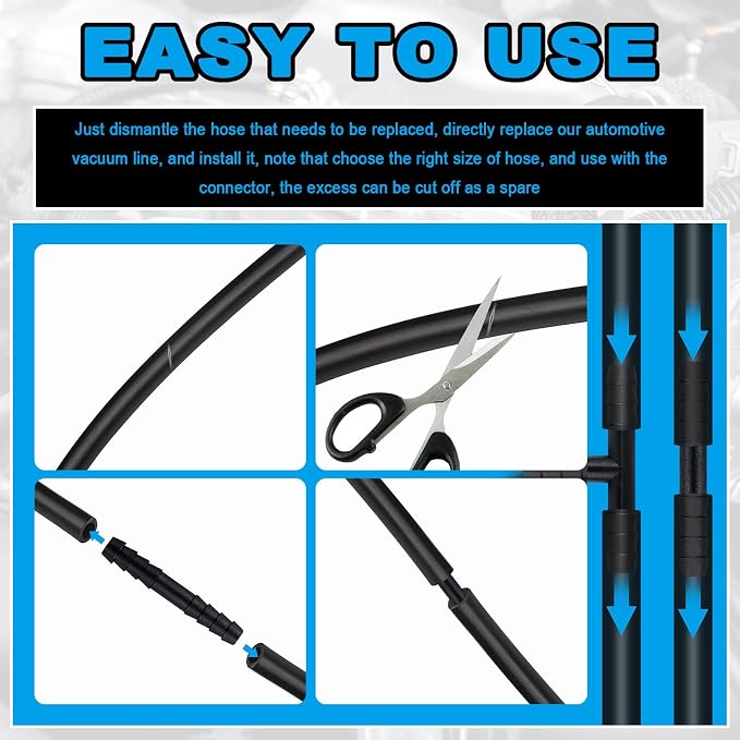 6PCS 5Ft Silicone Vacuum Hose Automotive Kit,ID 3/8",5/16",1/4",3/16",5/32",1/8" Vacuum Lines Automotive with Tee/Straight/Reducer Connector & Clamps,Professional Vacuums Line Kit (94PCS)