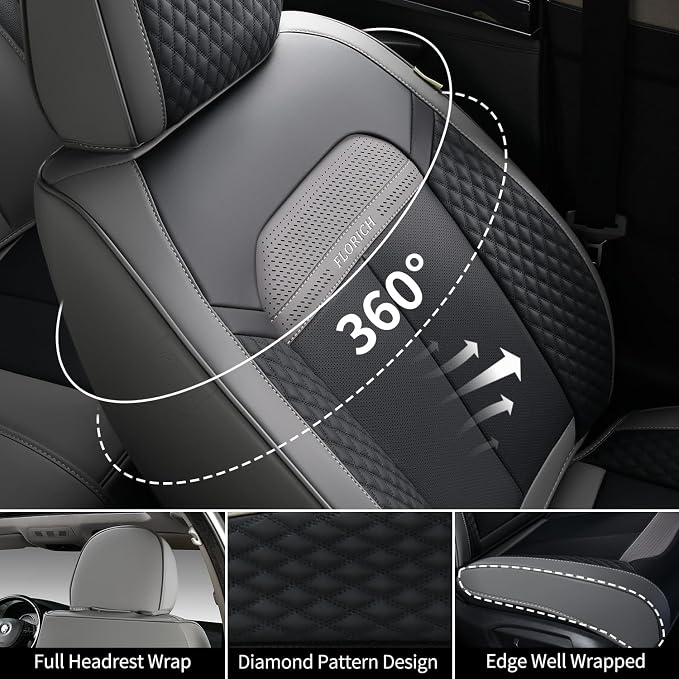FLORICH Car Seat Covers Front Set, Black Car Seat Cover, Breathable Premium Leather Seat Covers, Automotive Vehicle Seat Covers for Cars Trucks Vans SUVs Sedans (Grey Black)