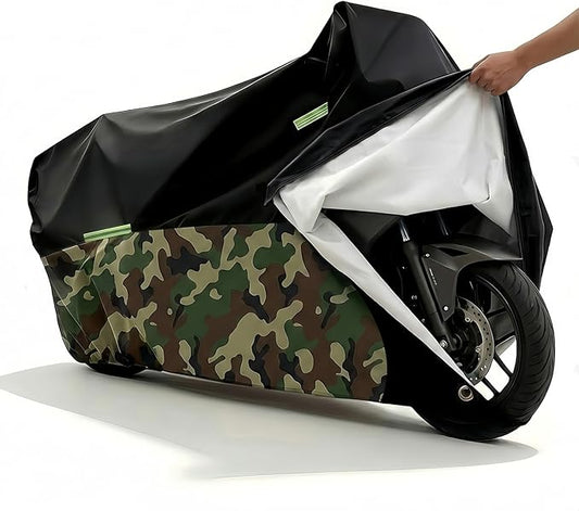 300D Heavy Duty Motorcycle Cover Waterproof Outdoor, Thick Cover for BMW Harley Yamaha Kawasaki Honda Lined with Cotton Touring Rain Protection Hard Flet/Fleece Motor Covers XL Black Camo