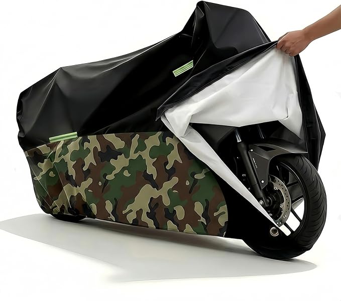 300D Heavy Duty Motorcycle Cover Waterproof Outdoor, Thick Cover for BMW Harley Yamaha Kawasaki Honda Lined with Cotton Touring Rain Protection Hard Flet/Fleece Motor Covers 3XL Black Camo