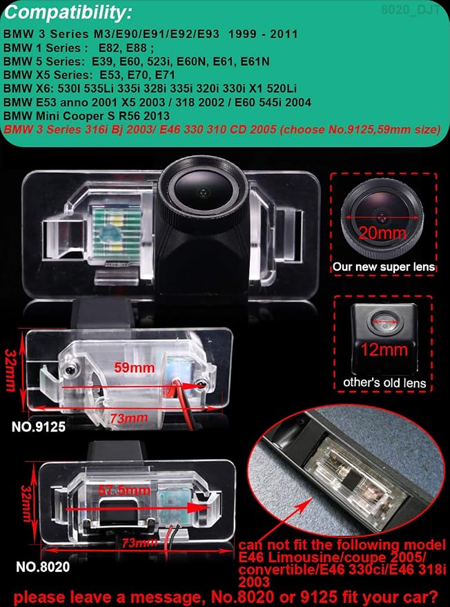 HD 20MM LENS IP68 1280Pixels Auto 170° License Plate Light Rear View Reversing Camera Compatible with BMW X1 X3 X5 X6/M3/E90/E91/E92/E93/E82/E88/E39/E60/E61/E53/E70/E71/535Li 335i 328i 320i 330i/520Li