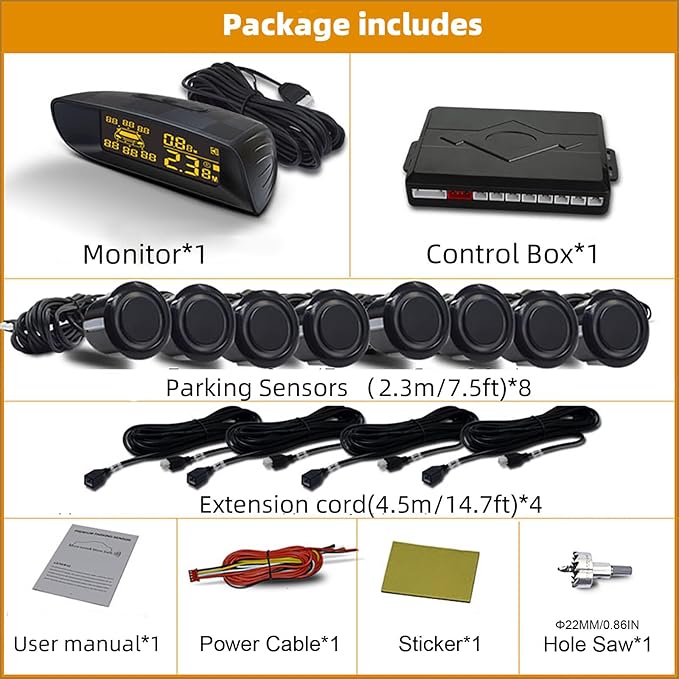 Front & Rear 8 Parking Sensor Kit with LCD Display Parktronic 22mm Probes Reverse Backup Radar System Distance Detection Sound Warning for Vehicle car SUV