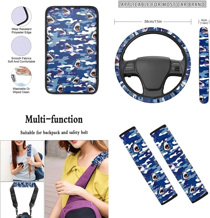 Mumeson Shark Car Seat Covers with 2 Pcs Seat Belt Shoulder Pads + Soft Rubber Steering Wheel Cover + Armrest Cushion Pad of Car Full Set of 8 Pack Car Decor Set