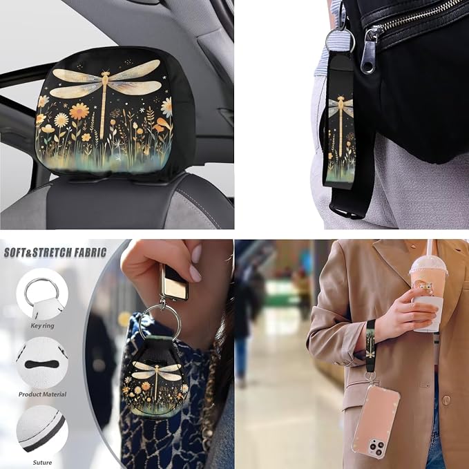 Dragonfly 13 Pcs Car Seat Cover Set, Starry Night Garden Steering Wheel Covers Seat Belt Shoulder Pads, Countryside Flower Field Polyester Front Seat Rear Cover