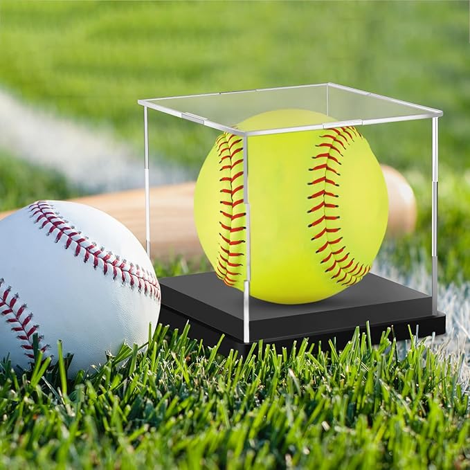 Hooqict Softball Display Case Clear Acrylic Ball Holder UV Protected Softball Case Display Box Championship Square Box for Golf Tennis Game Ball Baseball