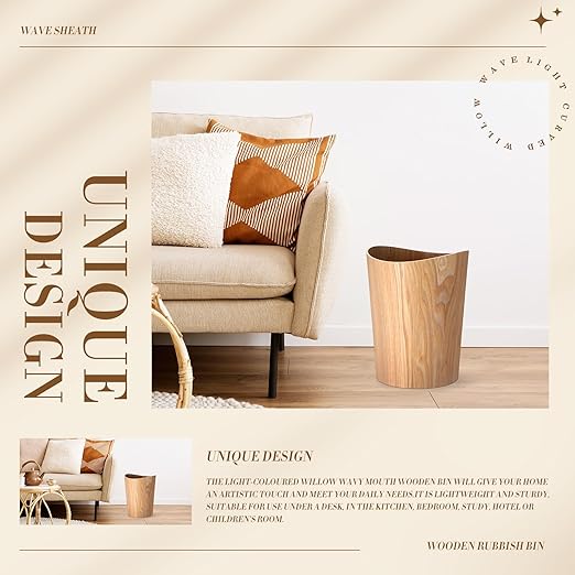 Threehoney 2 Pack 2.3 Gallons Wood Trash Can Wastebasket Natural Wood Round Wastebasket Small Trash Bin for Home, Office Under Desk, Kitchen, Bedroom, Den, Hotel, Room(Light Wood,Wavy)