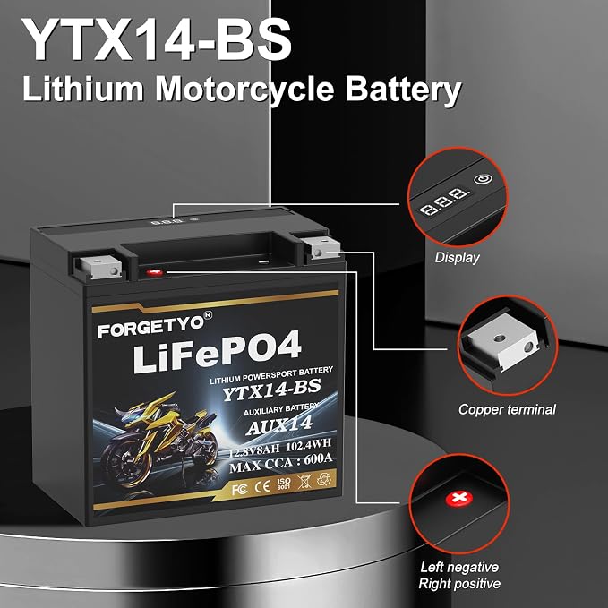 Lithium Motorcycle Battery, Forgetyo YTX14-BS 12.8V 8AH 600A LiFePO4 AUX14 Auxiliary Batteries, ATV UTV Jet Ski Snowmobile Battery