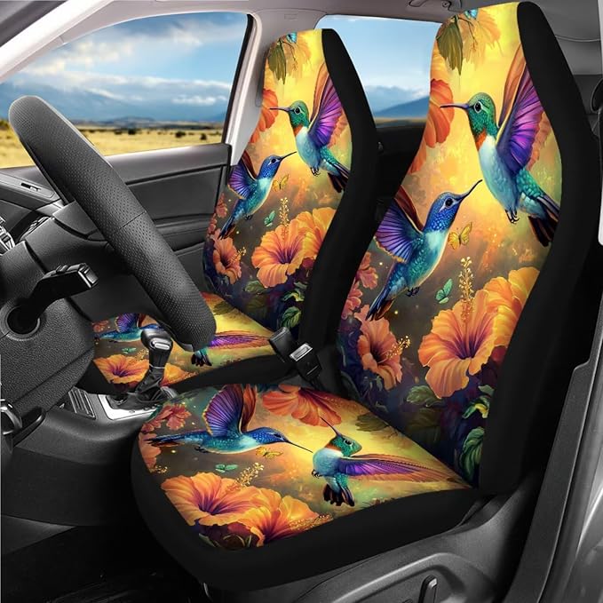 Hummingbird Flower Car Seat Covers Full Set 18 Pcs Hummingbird Print Car Accessories Full Set Steering Wheel Cover Universal Fit Car Headrest Covers Car Seat Belt Pads Cover Keychain