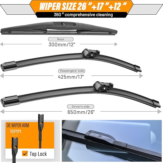 AUTOBOO 26"+17" Windshield Wipers Blades Replacement for Honda HRV HR-V 2023-2025 with 12 Inch Rear Wiper Blade -Original Factory Quality (Pack of 3)