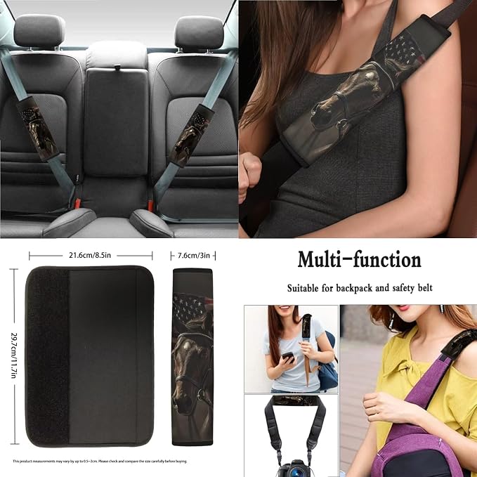 Horse American Flag Print Car Seat Covers Full Set, 13 PCS Auto Accessories with Soft Steering Wheel Cover, Seat Belt Shoulder Pads, Coasters for Most Cars