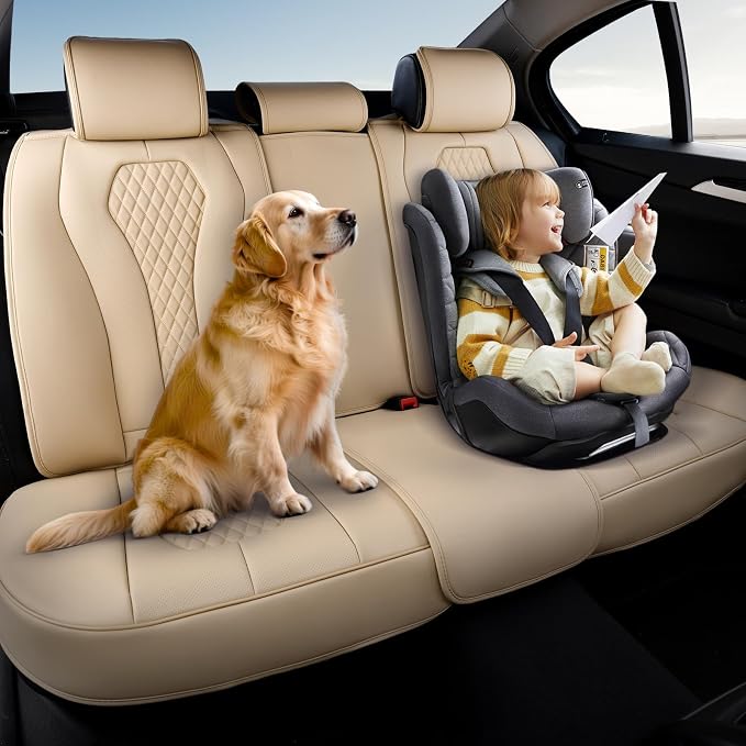 Coverado Automotive Seat Covers,Back Car Seat Cover,Rear Seat Cover,3-Pieces Luxury Car Seat Cushion,Beige Seat Cover Seat Protector Universal