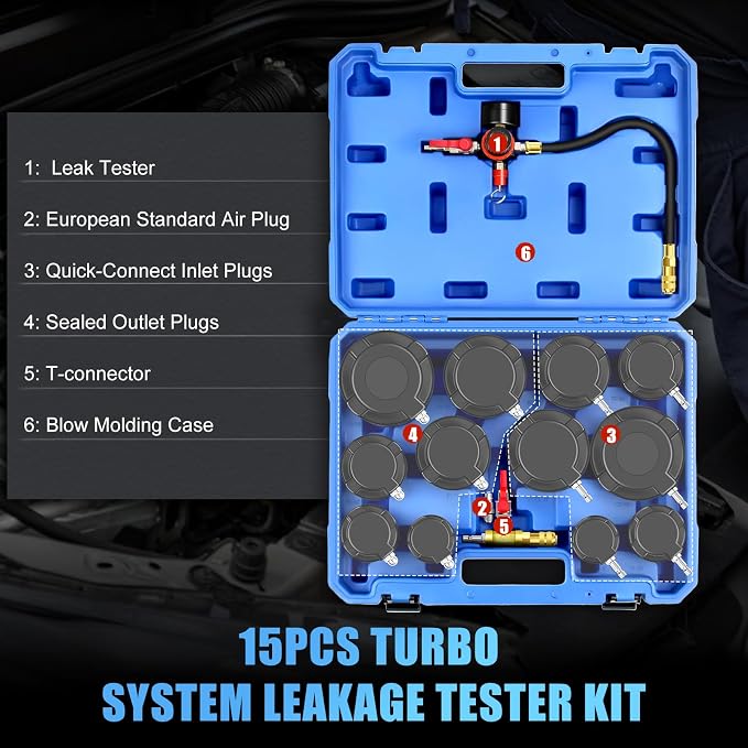 Turbo Boost System Leak Tester 15PCS Kit Test Turbocharger Intercooler Pipe | Turbine Leakage Detector with 0-6Bar Gauge, 6 Pairs Stepped Adapters (46mm to 100mm Quick-Connect Inlet & Sealed Outlet Plug)