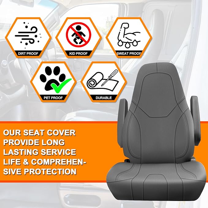 Leather Seat Cover Compatible with 2014-2025 Freightliner Cascadia 125 116 126, 33in High Back Seat Cover with Armrest Cover, Driver or Passenger Side Only One Seat