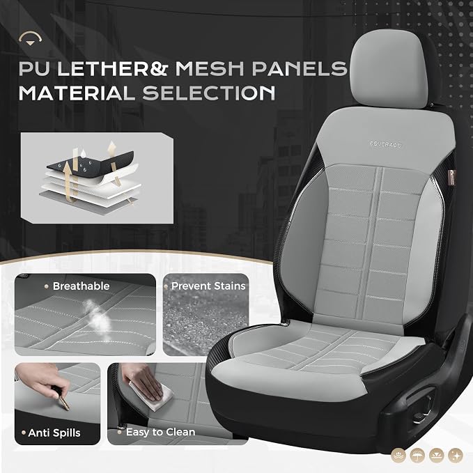 Coverado Front Seat Leather Covers, Full Leather Construction with Carbon Fibre Weave, Universal Fit for Most Cars SUV Trucks (Gray)