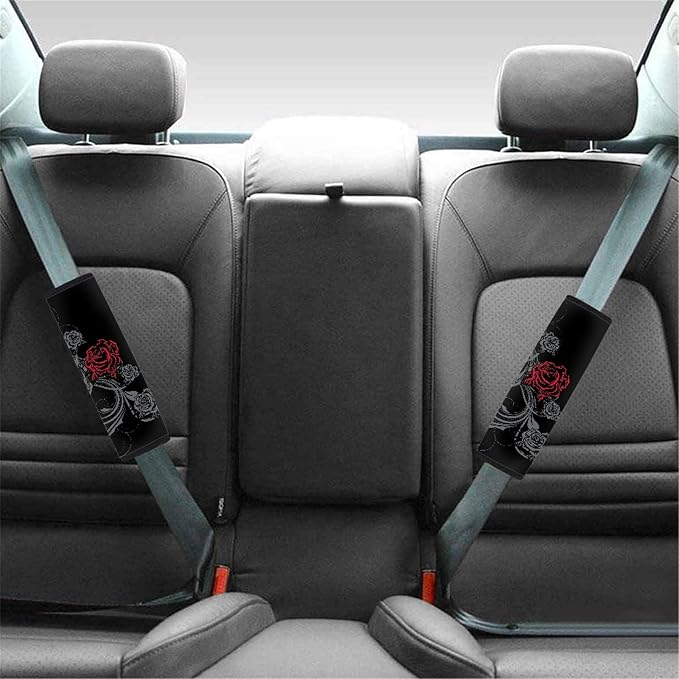 Ystardream Goth Rose Automotive Seat Covers for Women Men Dark Style Front and Rear Bench Back Seat Cover Set with Steering Wheel Cover/Seat Belt Cover Universal Protector Covers