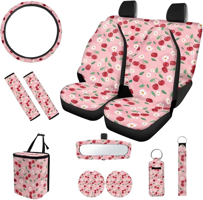 Cherry Daisy 12 Pack Car Seat Covers Sets Car Steering Wheel Cover Car Seat Belt Cover Car Trash Can Car Rear View Mirror Cover Car Cup Coasters Keychain Holder Keychains
